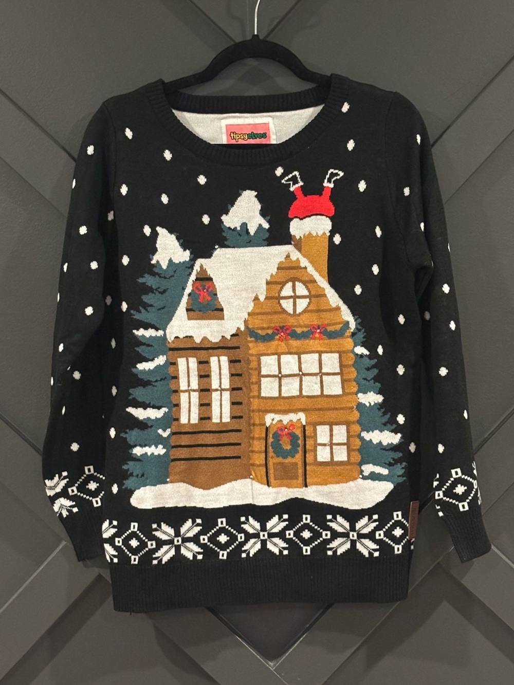 Tipsy Elves Black Gingerbread House Holiday Sweater with White Snow Accents